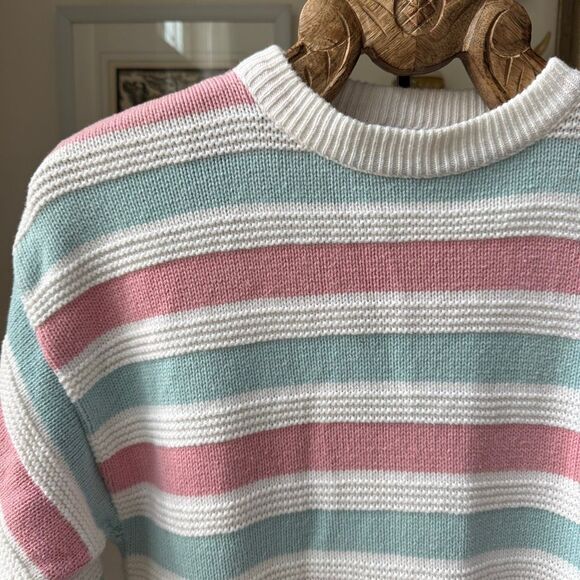 David Smith Pink Blue Stripe 100% Cotton Crewneck Sweater USA M - Picture 2 of 7